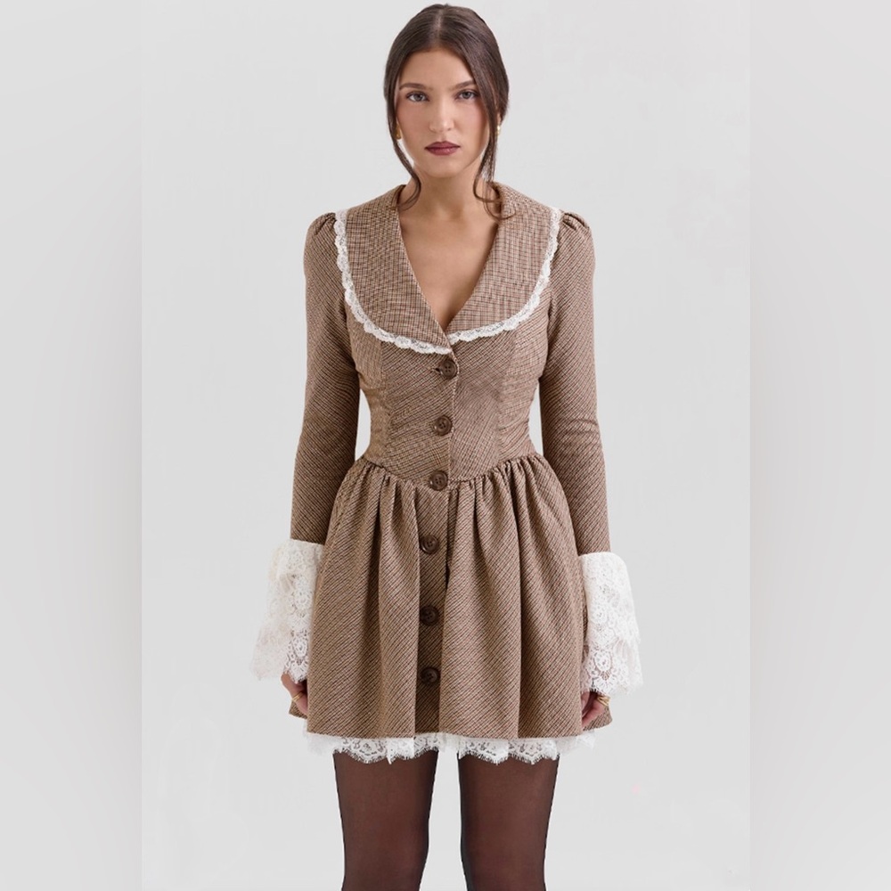 House of CB Brown Lace-Trim Fit-and-Flare Dress